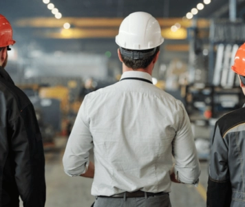 Three men wearing hard hats stand at a plant, ready to get manufacturing sales training & course.