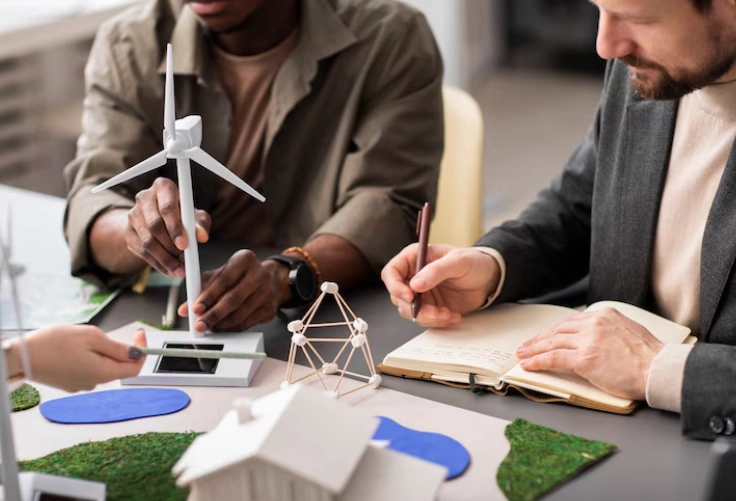 Two people working together on a wind turbine project, they are concentrating on assembling the parts